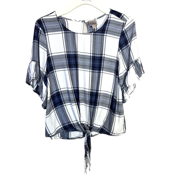 Como Vintage Blue and White Plaid Flutter Ruffle Sleeve Front Tie Top Size Small - Picture 4 of 16